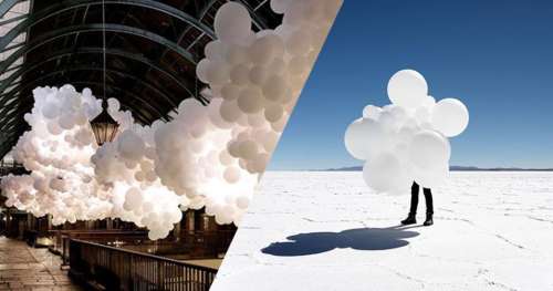 Charles magnifie chaque lieu qu’il visite grâce à ses poétiques installations en ballons blancs