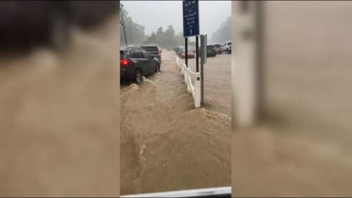 Les clients de Dollywood marchent dans l’eau jusqu’aux genoux alors que le parc est inondé