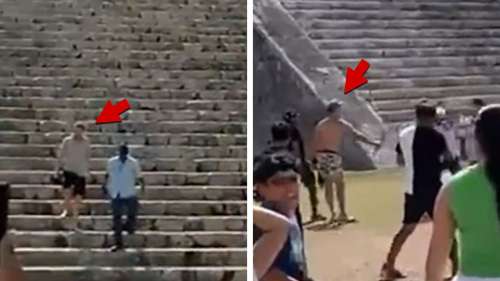 Un touriste battu avec un bâton après avoir escaladé la pyramide de Chichén Itzá au Mexique