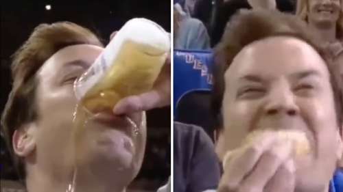 Jimmy Fallon dévore un hot-dog après avoir trempé dans de la bière au match des Rangers