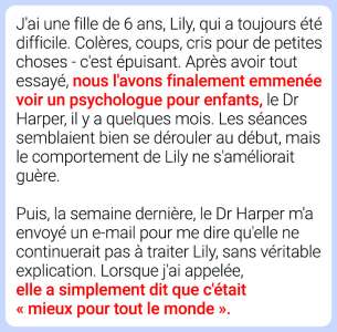  «Ma fille effraye sa thérapeute : une sombre révélation»

ou 

«Découverte inquiétante : la thérapeute de ma fille est bouleversée»

ou encore

«Révélation troublante du thérapeute de ma fille»