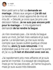 Mon petit ami m’a demandée en mariage, mais il a soudainement changé d’avis