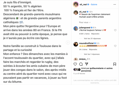 Le rappeur Oli appelle “à faire barrage contre le RN” dans un post Instagram