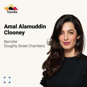 Amal Clooney en visioconférence au Palais du Luxembourg, invitée par Nathalie Goulet, pour commémorer les 10 ans du génocide Yazidi