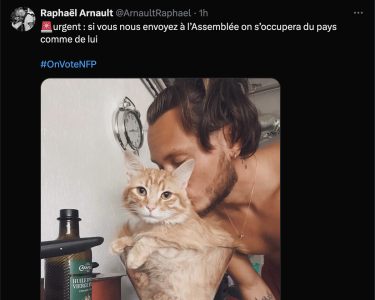 Raphaël Arnault pose torse nu en embrassant un chat : Le NFP s’empare de l’image féline