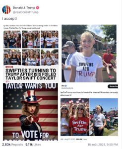 Donald Trump diffuse des images retouchées suggérant le soutien de Taylor Swift pour sa campagne présidentielle