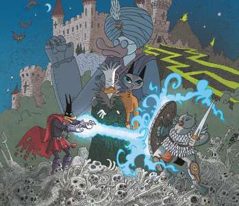 La bd Donjon servie sur un plateau dans Dynastie et magiciens