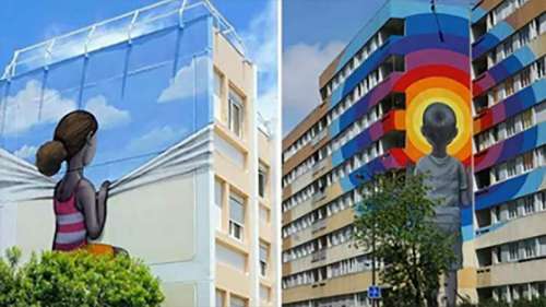 L’artiste donne vie à des bâtiments ennuyeux avec ses fresques géantes colorées