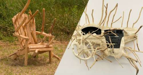 Ces sculptures en bois ont été pensées pour se fondre parfaitement dans la nature