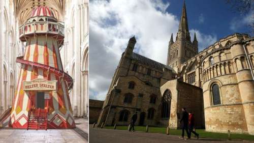 Un toboggan géant installé sous la nef de la cathédrale de Norwich en Angleterre