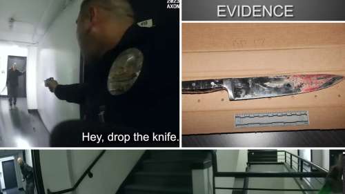 Une vidéo horrible montre un déchaînement de coups de couteau avant que le suspect ne se retourne avec un couteau alors que la police le poursuit