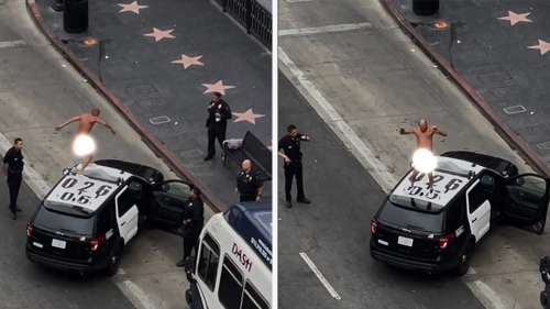 Un homme nu danse sur une voiture de patrouille du LAPD près du Hollywood Walk of Fame