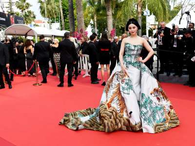 Fan Bingbing arrive à Cannes avec un look dramatique avec une fleur géante sur tout le corps et une robe de tigre géante et What Else pour le 18 mai 2023