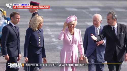 Brigitte Macron chic et sobre avec une veste courte Louis Vuitton pour accueillir Charles III, découvrez son prix